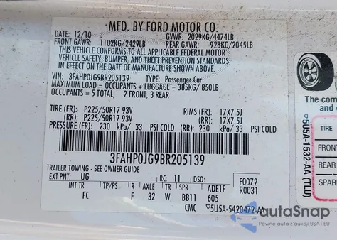 2011 Ford Fusion Sel z USA, uszkodzony, nr VIN 3FAHP0JG9BR205139